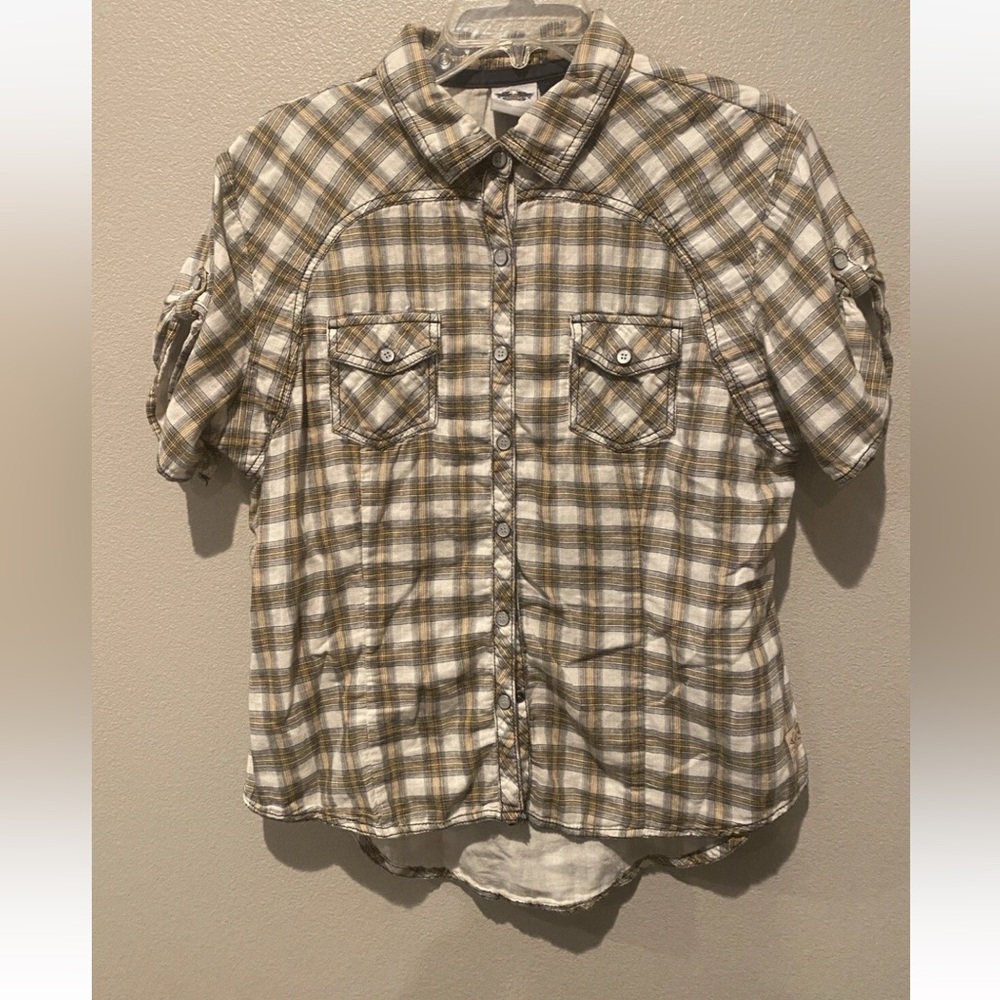 Harley Davidson Women's XL Pearl Snap Yellow Plaid Motorcycle Logo Shirt